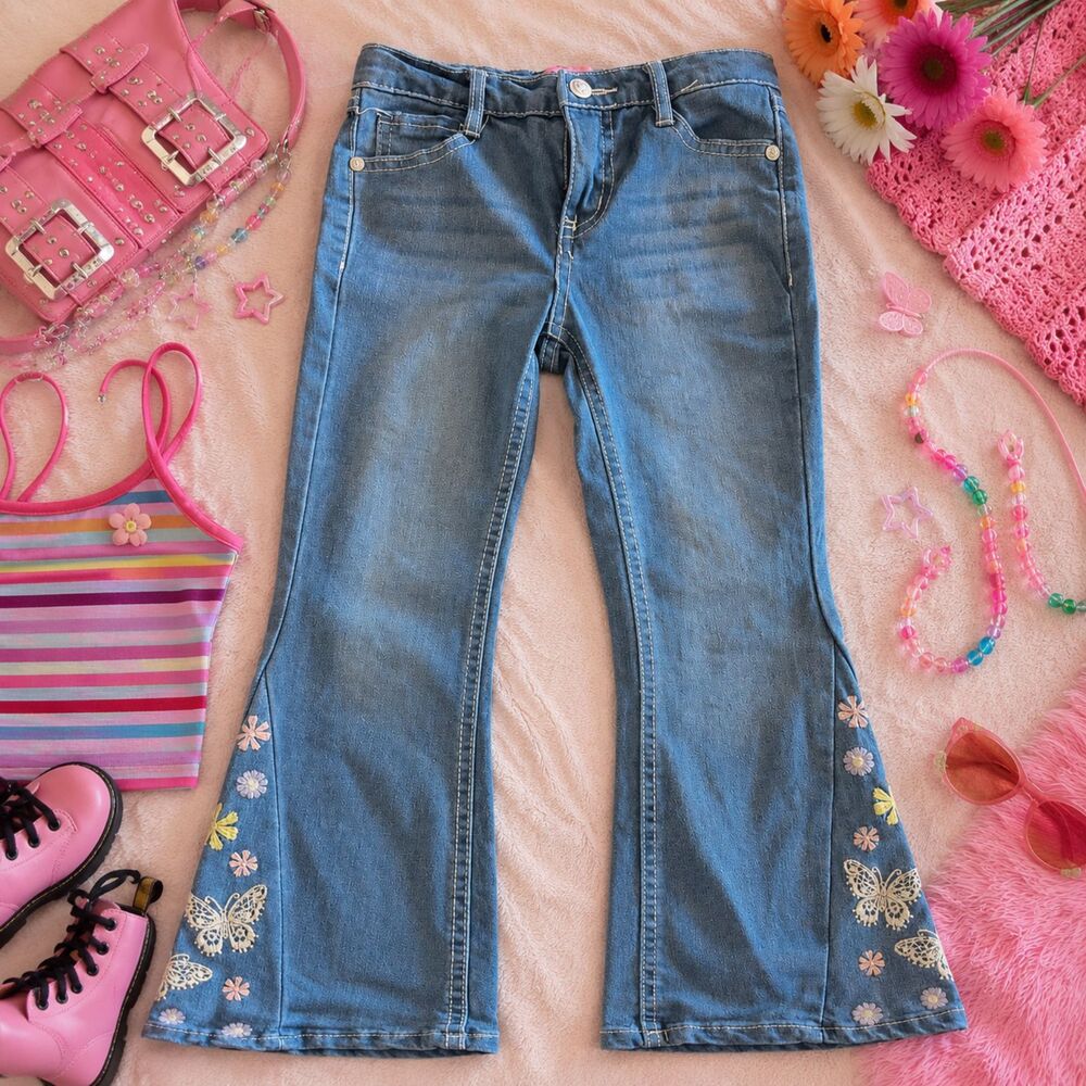 Beautees Embroidered Denim Bellbottoms, Girl Size 5, flower & butterfly design